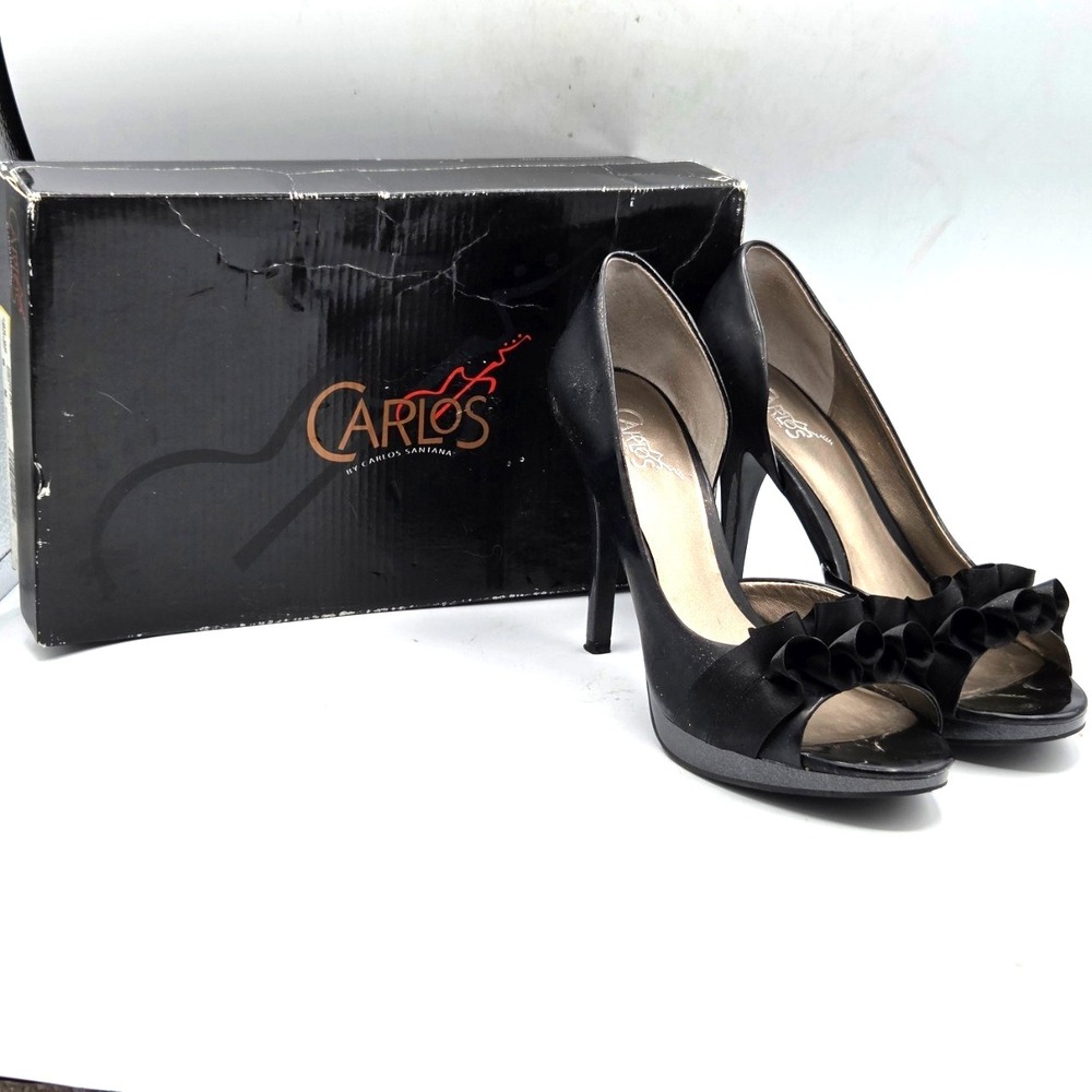 Carlos Santana Black Satin Pumps with Ruffle Peep Toe Stiletto Heels Size 8M